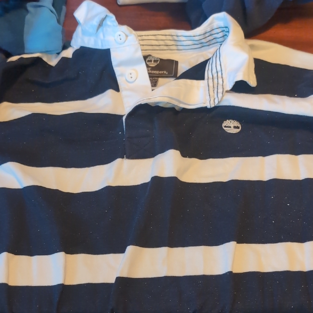 Timberland Mens Long Sleeve Polo with Navy and White Stripes